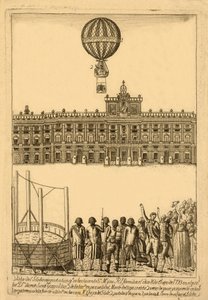 Vista del globo aerostático que se hizo ante sus majestades y su real familia el día 8 de enero de 1793 en el cual fue Don Vicente Lunardi y cayó a las 2 de la tarde